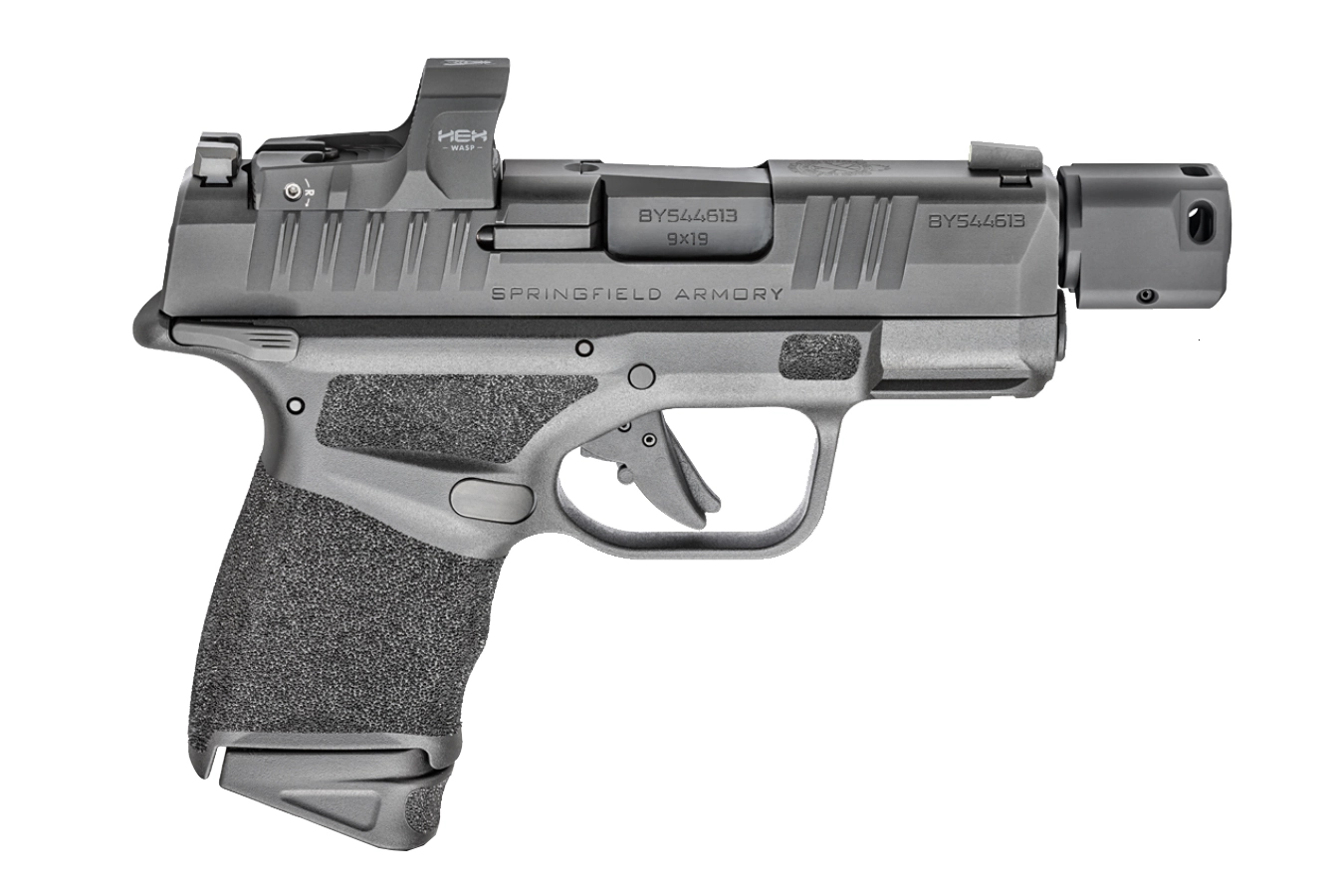 Springfield, Hellcat RDP, Semi-automatic, Striker Fired, Sub-Compact, Optics Ready, 9MM, 3.8" Barrel w/ Compensator, Polymer Frame, Textured Grips, Tritium Night Sights, 2 Mags, 13Rd, Black, Includes HEX Wasp Red Dot