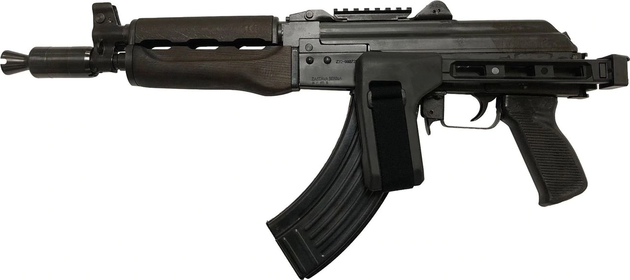 Zastava ZPAP92 AK-47 Pistol 7.62x39mm 10" Barrel, Booster, Dark Wood, Top Rail, SB Tactical FS1913 Folding Brace, 30rd Mag
