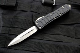 MICROTECH UTX-85 II BLACK DOUBLE EDGE OTF KNIFE STONEWASH FULL SERRATED BLADE 232II-12 S