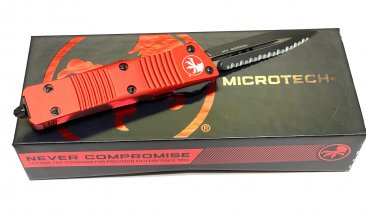 Microtech Troodon D/E Black Full Serrated Red Frame