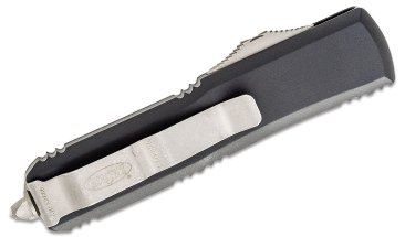Microtech 232-12 UTX-85 AUTO OTF 3" Stonewashed Plain/Serrated Double Edge Blade, Black Aluminum Handles